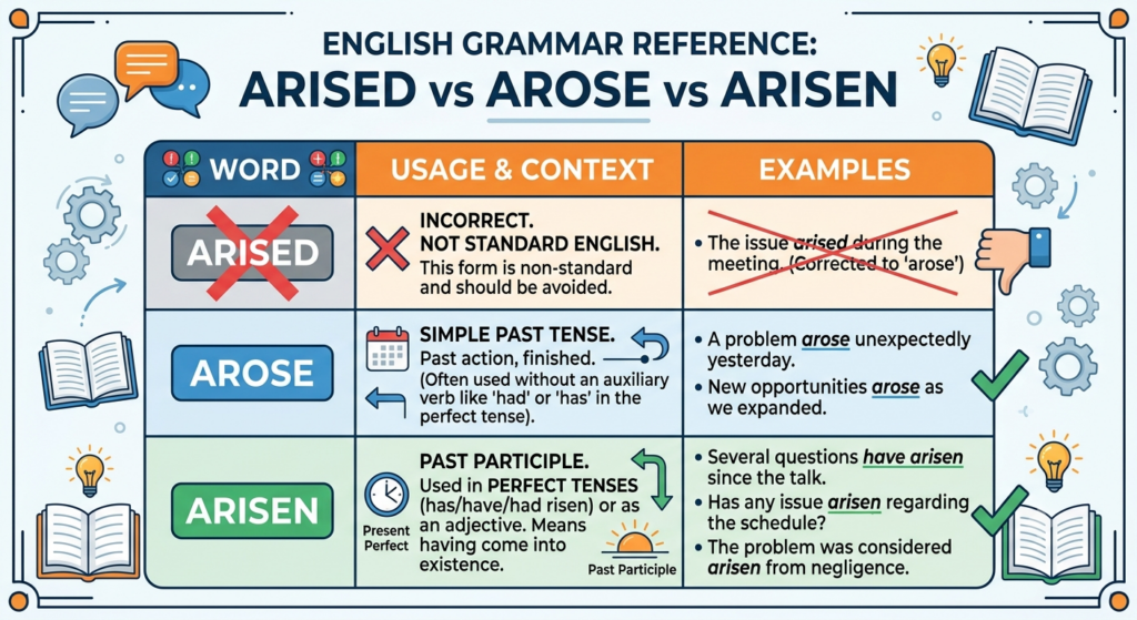 Arised vs Arose vs Arisen: Meaning, Differences, and Correct Usage Arised vs Arose vs Arisen: Meaning, Differences, and Correct Usage